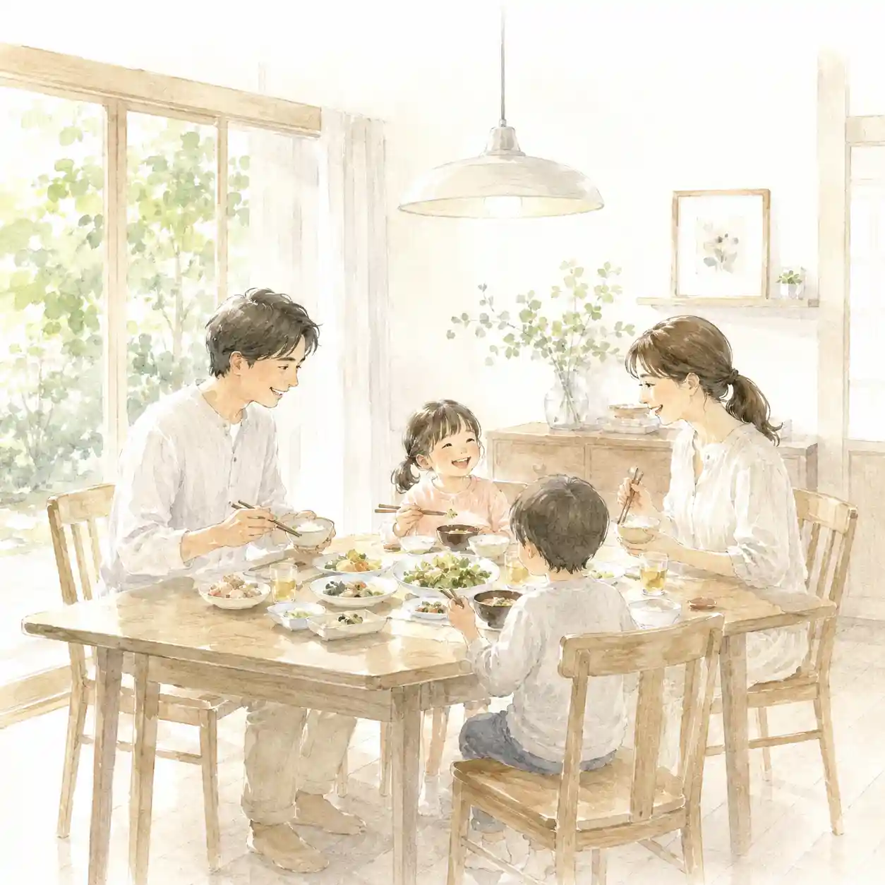 家族で食事する風景