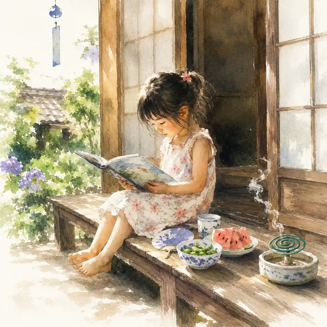 縁側で絵本を読む女の子