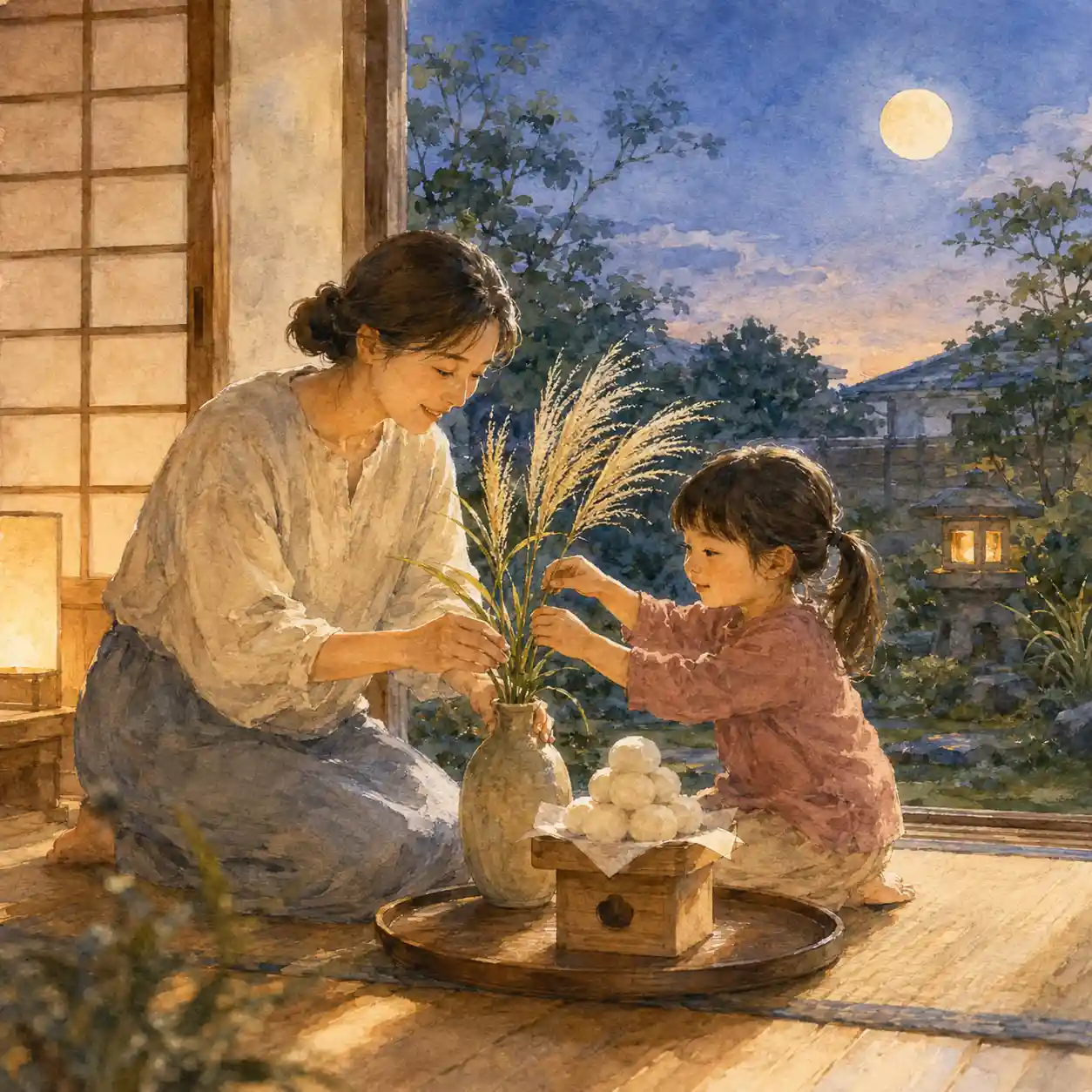 お月見の準備をする女児