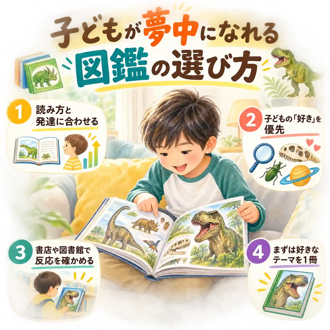 ソファで恐竜図鑑を読む6歳の男の子と、子どもが夢中になれる図鑑の選び方4項目