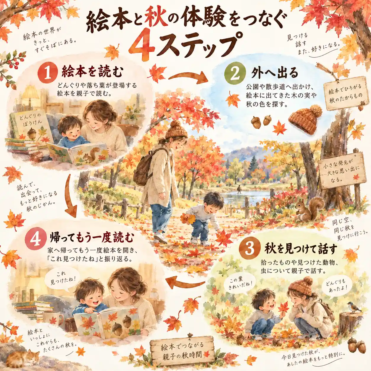 絵本を読む、外へ出る、秋を見つけて話す、帰ってもう一度読む流れを、親子の秋の公園体験とともに紹介した4ステップのインフォグラフィック。