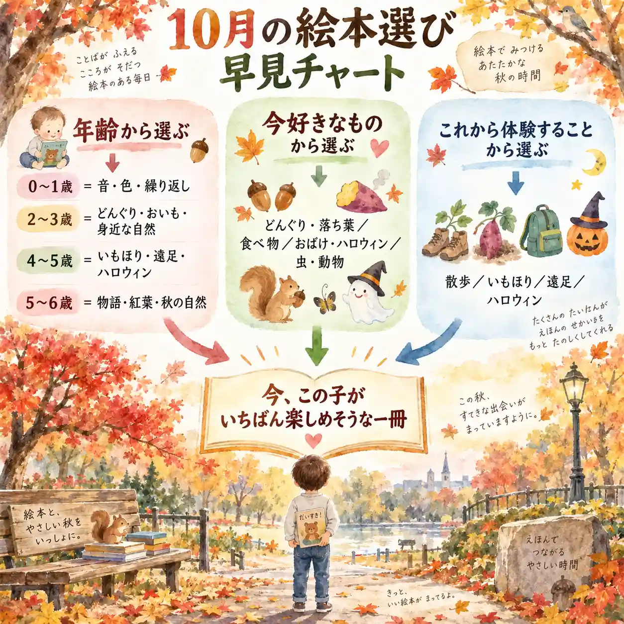 10月の絵本選びを、年齢・今好きなもの・これからの体験の3方向から選び、子どもに合う一冊へつなげる早見チャート。